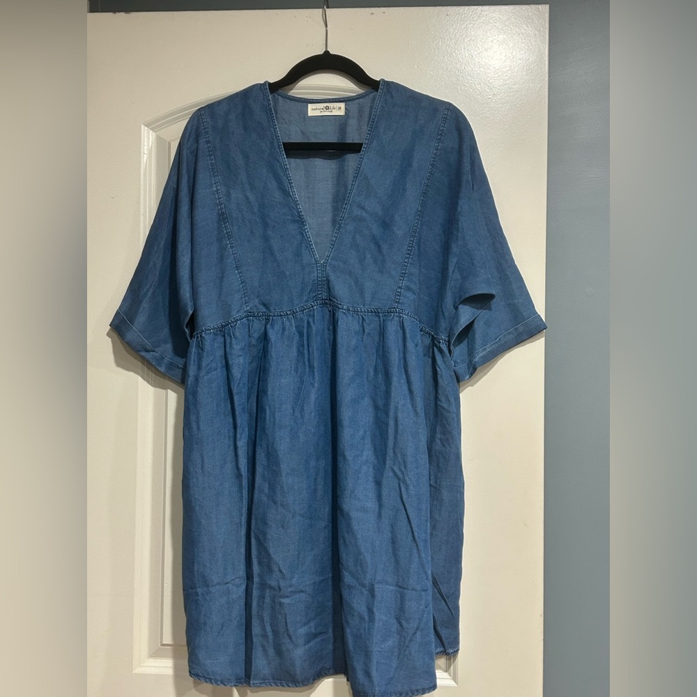 Natural Life-Blue Denim V-Neck mini dress. Stella.  Light, flowey fabric.